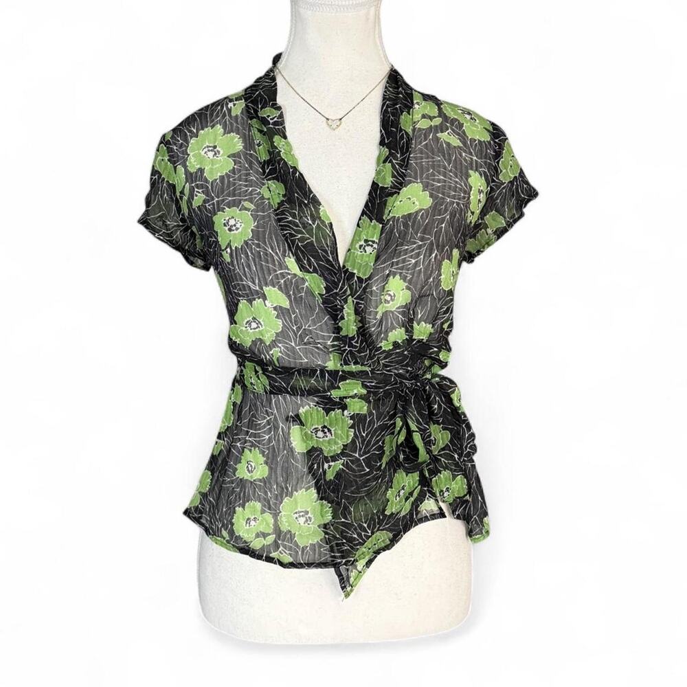 Charter Club Silk Baby Doll Weap green black floral blouse tie waist small (4)